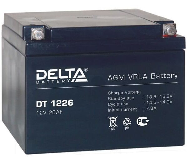 Аккумулятор Delta DT 1226 12В 26Ач 167x175x126 мм Обратная (-+)