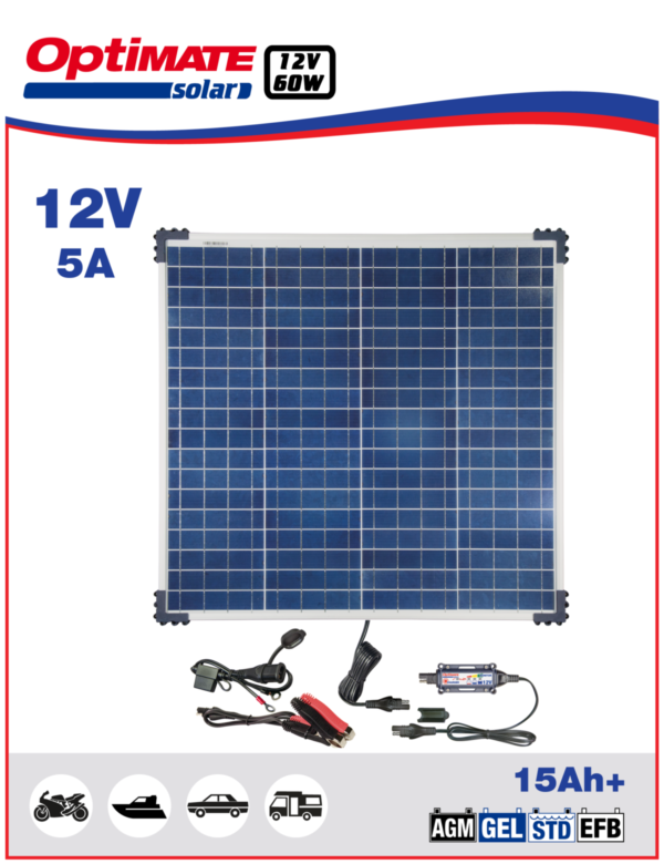 OptiMate Solar 60W 1 600x780 - Солнечное зарядное устройство Optimate Solar 60Вт Travel Kit, TM523-6TK
