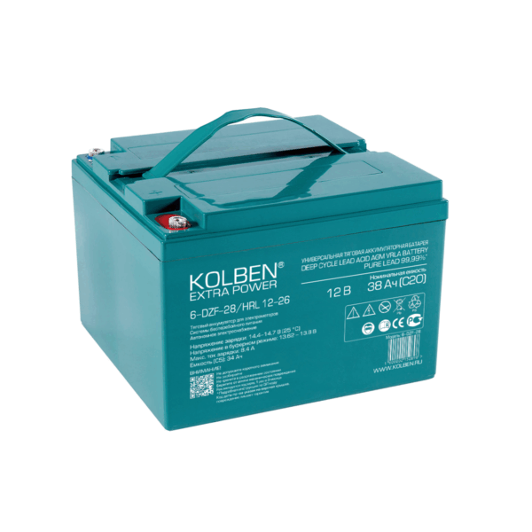 6-DZF-28 Универсальный тяговый аккумулятор KOLBEN EXTRA POWER 12В 38Ач C20 174x166x125 мм