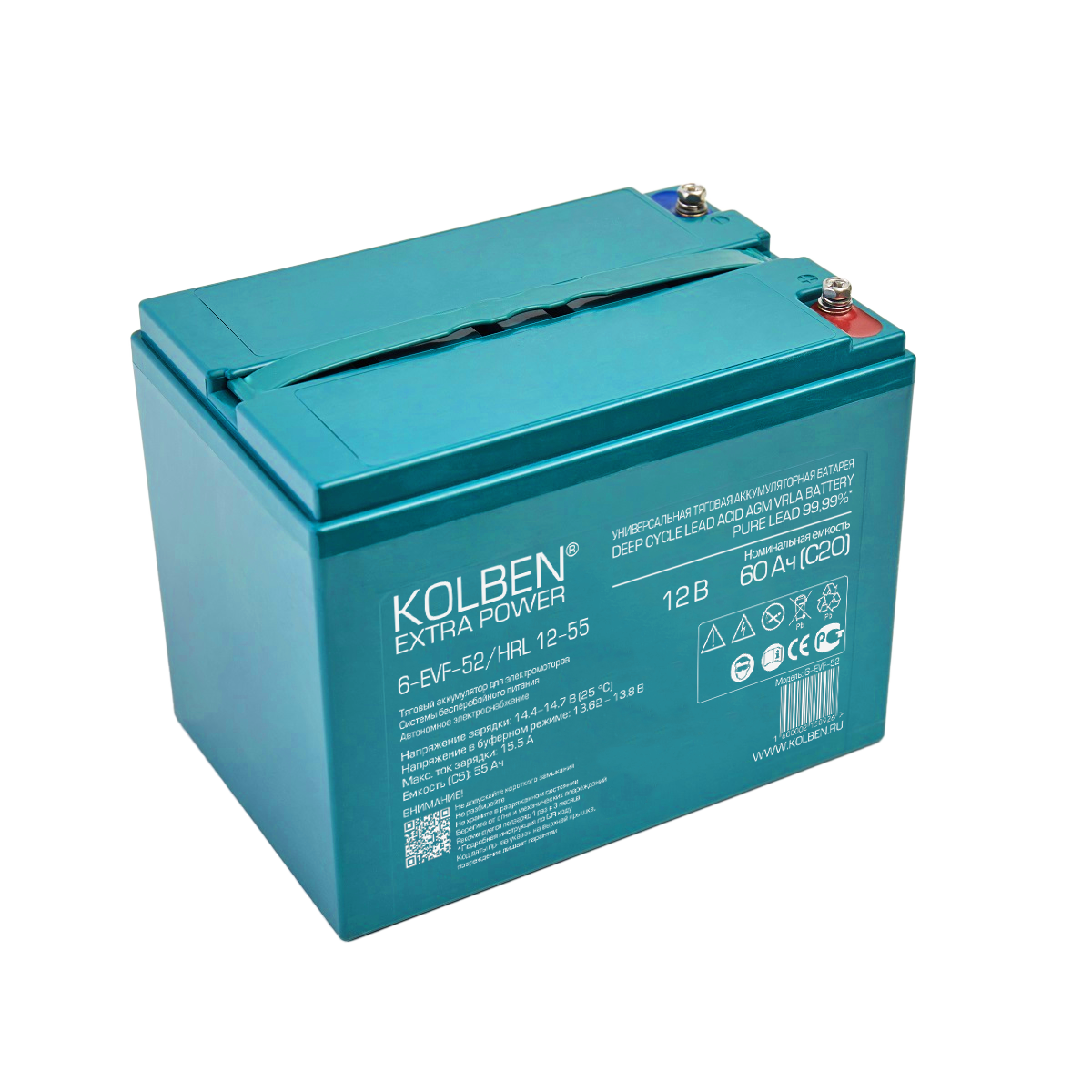 6-EVF-52 Универсальный тяговый аккумулятор KOLBEN EXTRA POWER 12В 60Ач C20 224х135х175 мм